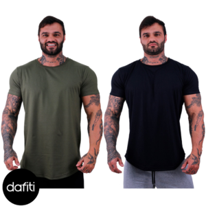 Kit 2 Camiseta Longline Masculina MXD Conceito para Academia e Casual Slim Verde Militar e Preto