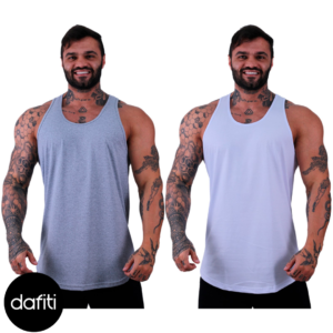 Kit 2 Regatas Longline Cavada Masculina Alto Conceito Sem Estampas Lisas Mescla e Branco
