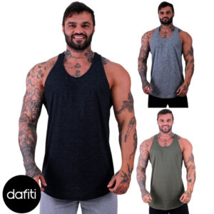 Kit 3 Regatas Longline Cavada Masculina Alto Conceito Sem Estampas Lisas Preto, Nublado e Verde Militar