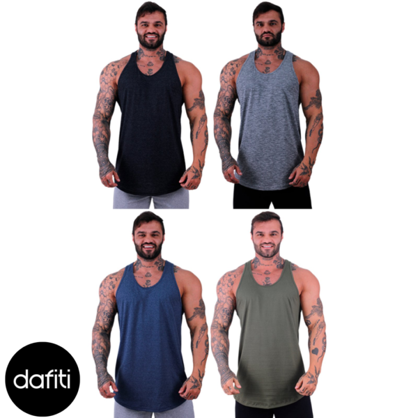 Kit 4 Regatas Longline Cavada Masculina Alto Conceito Sem Estampas Lisas Preto, Nublado, Mescla Marinho e Verde Militar