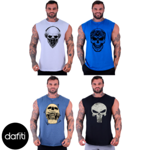 Kit 4 Regatas Machão Longline Masculina Premium Alto Conceito Caveiras