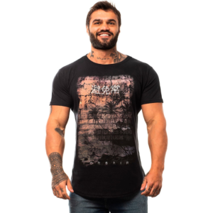 Camiseta Longline Masculina MXD Conceito para Academia e Casual Tokyo Beach Preto Meia Malha