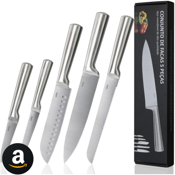 LUMAI Conjunto de 5 Facas Profissionais em Aço Inoxidável 3CR13, Kit Completo com Lâminas Afiadas e Duráveis, Ideal para Cortes Precisos em Carnes, Legumes e Frutas, Design Ergonômico e Seguro