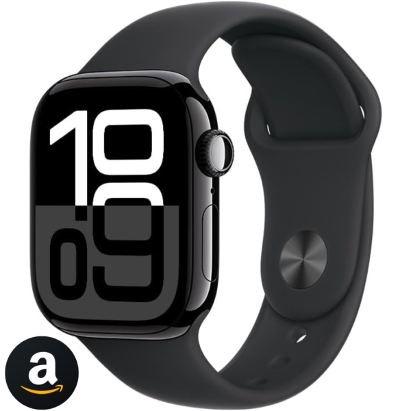 Apple Watch Series 10 GPS • Caixa preta brilhante de alumínio – 42 mm • Pulseira esportiva preta – P/M