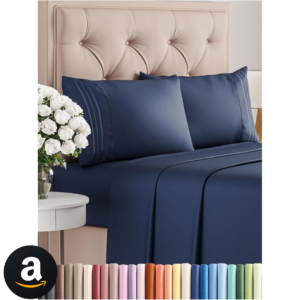 Jogo de cama Cal King Size com 4 peças, confortável, respirável e refrescante, lençóis com bolsos profundos, que não amassam, Oeko-Tex, para mulheres, homens, crianças, adolescentes, azul-marinho