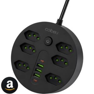 Extensão Tomada, Régua Tomada, Régua de Energia, 6 Tomadas, 3 Interfaces USB, 2 Porta USB Tipo-C, Cabo de Alimentação de 1,9 metros, Suporte a Tensão de 110-220V, Potência de 2500W, Preto