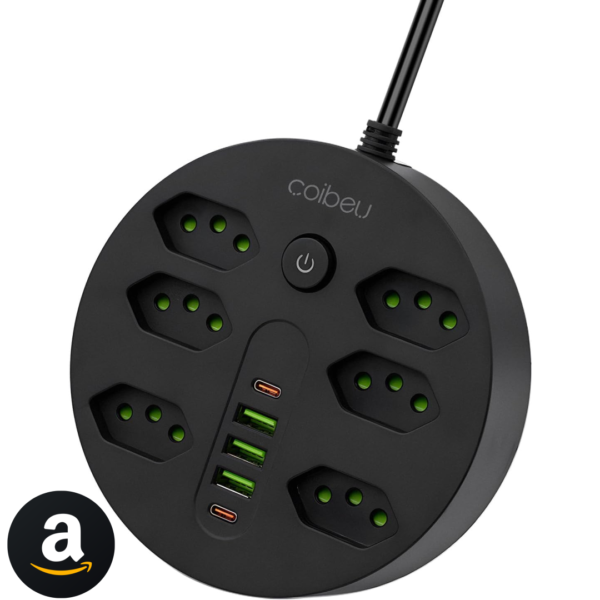 Extensão Tomada, Régua Tomada, Régua de Energia, 6 Tomadas, 3 Interfaces USB, 2 Porta USB Tipo-C, Cabo de Alimentação de 1,9 metros, Suporte a Tensão de 110-220V, Potência de 2500W, Preto