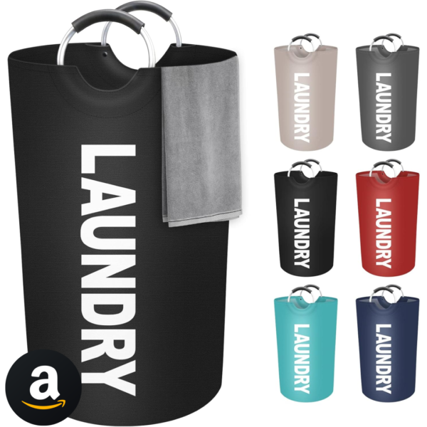 StorageRight Cesto de roupa suja grande 90 L, cesto de roupa suja para lavanderia, cestas dobráveis e impermeáveis com alças de alumínio protegidas com espuma para lavanderia, dormitório, família (preto)