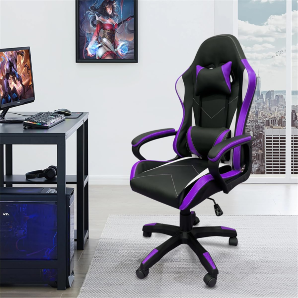 Cadeira de jogos com encosto alto, apoios de braços fixos em quatro pontos, altura ajustável (Roxo)