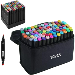 Kit 80 Caneta Marcadora de Ponta Dupla Canetinha Colorir Com Estojo Organizador e Base, Pontas Duplas, conjunto de marcadores de alcool permanentes de esboço para crianças, adultos, pintar PREMIUM