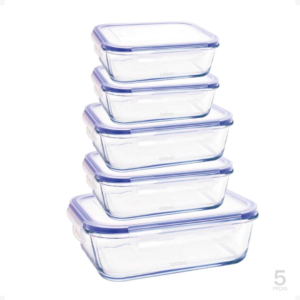 Kit Conjunto 5 Potes De Geladeira Hermético De Vidro Marmita Tampa Click (Azul)