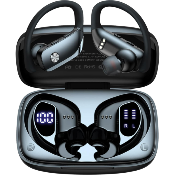 Fones de Ouvido Sem Fio Bluetooth 96 Horas para ReproduçãO Esportiva com Display de Led Fones de Ouvido com Ganchos Fone de Ouvido com Microfone Embutido para Treino Preto