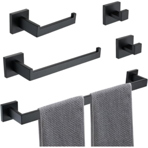 BEMMY Kit 5 Acessórios Para Banheiro Lavabo Luxo 5 Peças Acabamento Fosco Aço Inoxidável, Conjunto de para Toalheiro de Banheiro 60CM, Barra de Toalha de Banheiro, Preto, Instalação de Perfuração