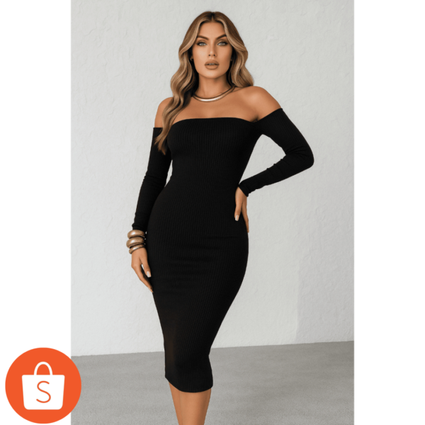 Vestido Midi Feminino Manga Longa Ombro a Ombro Estilo e Conforto Tendência Outono/Inverno 2025