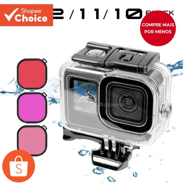 Caixa à Prova d'Água Preta 60M para GoPro 12 11 10 9 com Filtro Vermelho Roxo Rosa