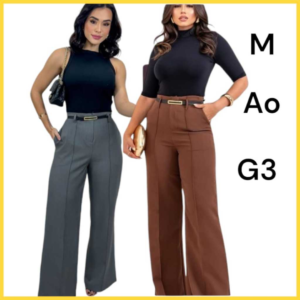 Calça pantalona alfaiataria feminina tecido sensorial com cinto do M ao G3