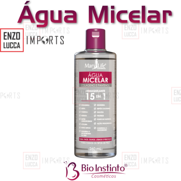 AGUA MICELAR- COLAGENO E PANTENOL- MARY LIFE- DEMAQUILANTE 15 EM 1- 260ML