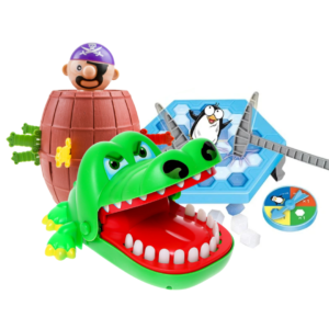 Kit 2 Jogo de Pegadinha Quebra Gelo do Pinguim Pula Pirata + Crocodilo Morde Dedo Brinquedo Infantil