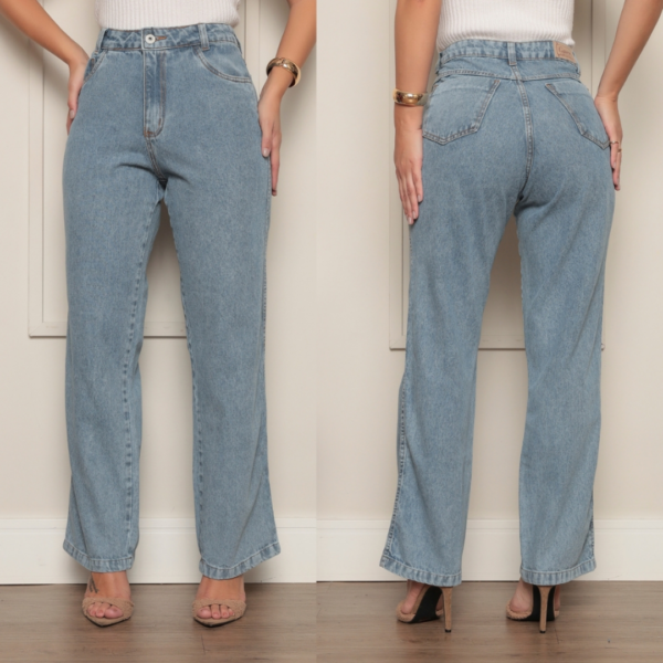Calça Jeans Feminina Wide Leg Pantalona Boca Larga Cintura Alta Tecido Grosso Lisa 100% Algodão