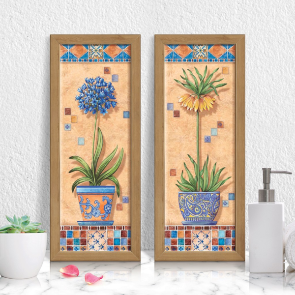Quadro Decorativo Kit Com Moldura e Vidro Banheiro Flores Plantas Para Lavabo Cozinha Sala