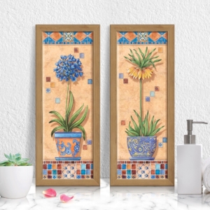 Quadro Decorativo Kit Com Moldura e Vidro Banheiro Flores Plantas Para Lavabo Cozinha Sala