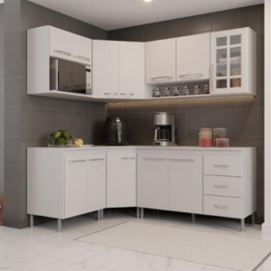 Cozinha Modulada Completa Fidelitá Viena 6 Peças 340cm 12 Portas 3 Gavetas Com Tampo Branco - Fidelitá Móveis