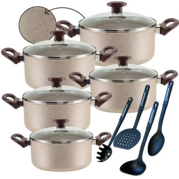 Jogo De Panelas Caçarolas 9 Peças Antiaderente 6 Camadas De Teflon Cor Crema - Marcolar