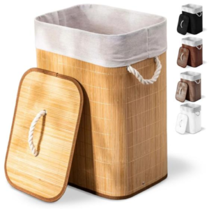Cesto de roupa suja de bambu com tampa e alças 50 litros organizador lavanderia brinquedos - KONTUZ HOME
