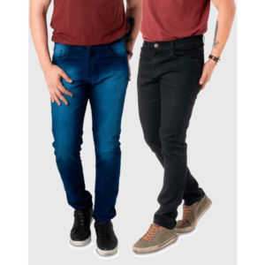 Kit 2 Calças Jeans Elastano Masculina Slim Preta e Azul