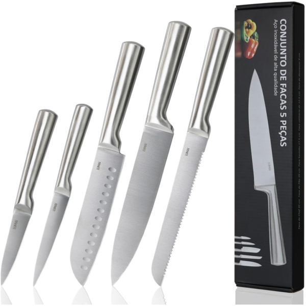 LUMAI Original Conjunto de 5 Facas Grandes de Cozinha Zurich Robusto em Aço Inoxidável 3CR13 com Lâminas Inteiriças – Forja Prolongada para Robustez, Anti ferrugem, Ultra Afiadas e Precisão Suíça