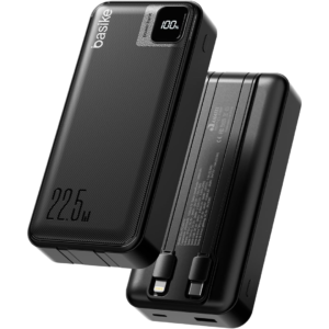 Basike Power Bank, Carregador Portátil Universal 20000mAh, USB-A(até 22.5W)+USB-C(até PD20W), com 2 Cabos Integrados (USB-C, Lightning) Carregamento Rápido, Led Indicador de Bateria (Preto)
