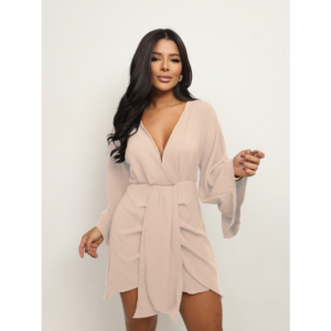 Vestido Curto Feminino Manga Longa Flare Decote V Soltinho Casual Elegante Verão Moda Gringa
