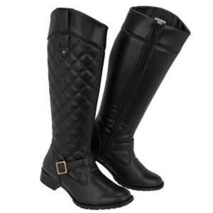 Bota Montaria Feminina Salto Baixo Ziper Lateral Cano Alto Matelasse