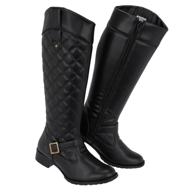 Bota Montaria Feminina Salto Baixo Ziper Lateral Cano Alto Matelasse