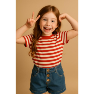 Camiseta Infantil Menina Listrada Listras Rosa Vermelho Preto Azul e Branco