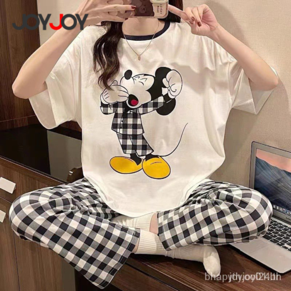 Arranjo do pijama, verão casual cartoon manga curta xadrez calça confortável conjunto de roupas de sala DYMN