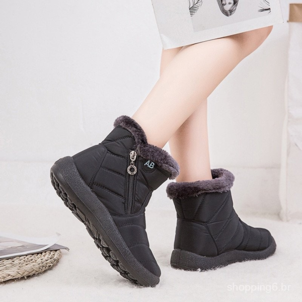 Bota De Inverno Feminina Forrada De Pelúcia Com Zíper Lateral/Impermeável/Botas Neve 35-43