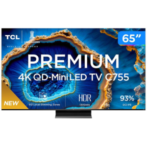 Smart TV 65" 4K UHD QLED Mini LED TCL 65C755 120Hz Wi-Fi Bluetooth 4 HDMI 2 USB