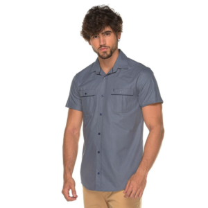 Camisa Manga Curta Slim Masculina Bolso Algodão Lisa Jovem Azul