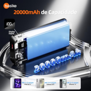 Basike Power Bank, Carregador Portátil Universal 20000mAh, USB-A(até 22.5W)+USB-C(até PD20W), com 2 Cabos Integrados (USB-C, Lightning) Carregamento Rápido, Led Indicador de Bateria (Preto)