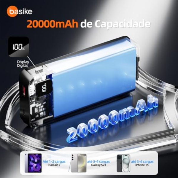 Basike Power Bank, Carregador Portátil Universal 20000mAh, USB-A(até 22.5W)+USB-C(até PD20W), com 2 Cabos Integrados (USB-C, Lightning) Carregamento Rápido, Led Indicador de Bateria (Preto)
