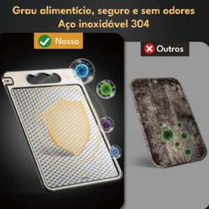 LUMAI Tábua de Corte para Cozinha Dupla Face Aço Inoxidável e PP, Superfície Higiênica para Carnes, Frutas e Vegetais, Afiador Integrado, Canaletas Antirrespingo, Base Antiderrapante e Alça Ergonômica