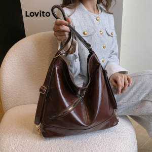 Lovito Bolsa casual simples com zíper de couro macio retrô para encontros para mulheres LFA56103