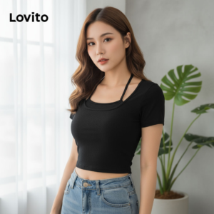 (Fashion_3) Lovito Camiseta Casual Lisa 2 Em 1 Básica Para Mulheres L117ADD057
