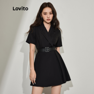 (trendy4)Lovito Elegante Botão com Cinto Plano V Gola V Vestido Feminino L45ED060 (Preto)