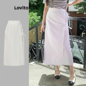 (trendy3)Lovito Saias casuais lisas com cadarço para mulheres L109MD626