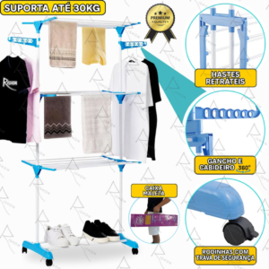 Varal De Chão Inox Grande De Roupas 3 Andares Dobrável Cor Azul Rishon 175 Cm